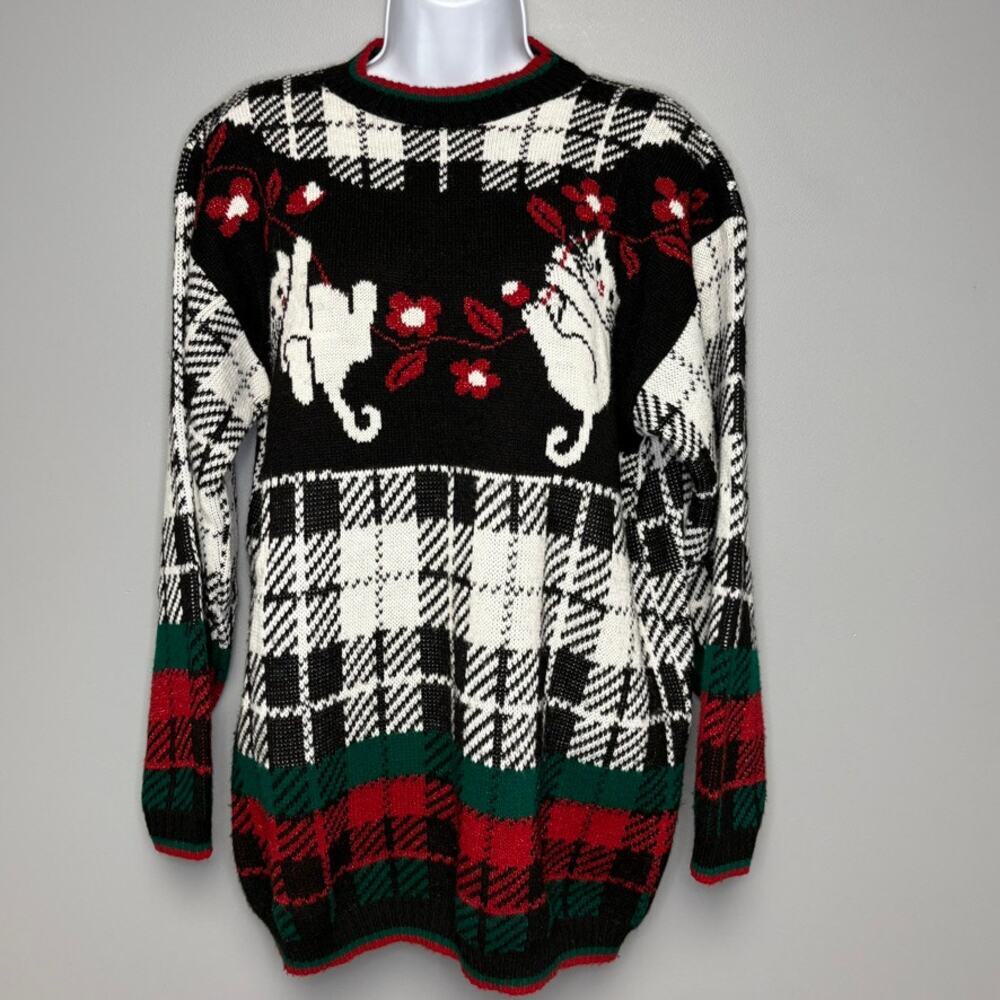 VTG JJ Browne Christmas Cat Metallic‎ Knit Made in USA Sweater Womens Sz L